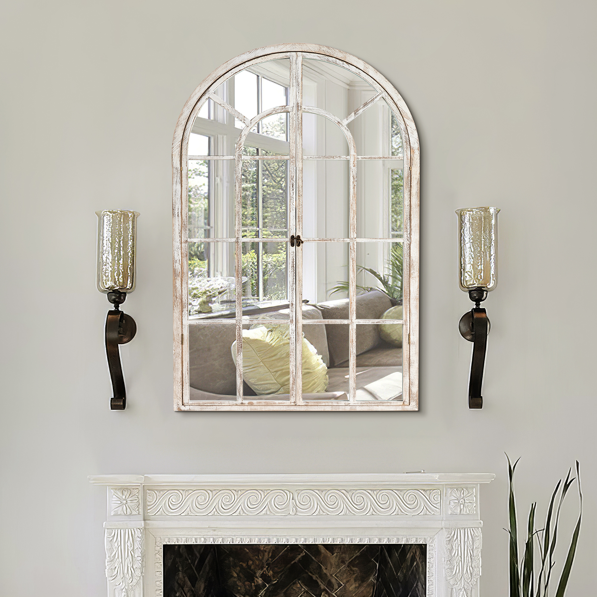 MAYEERTY 36"×24" Weathered White Solid Wood Window Mirror Right-Angle Arch, Grid, Openable for Bedroom