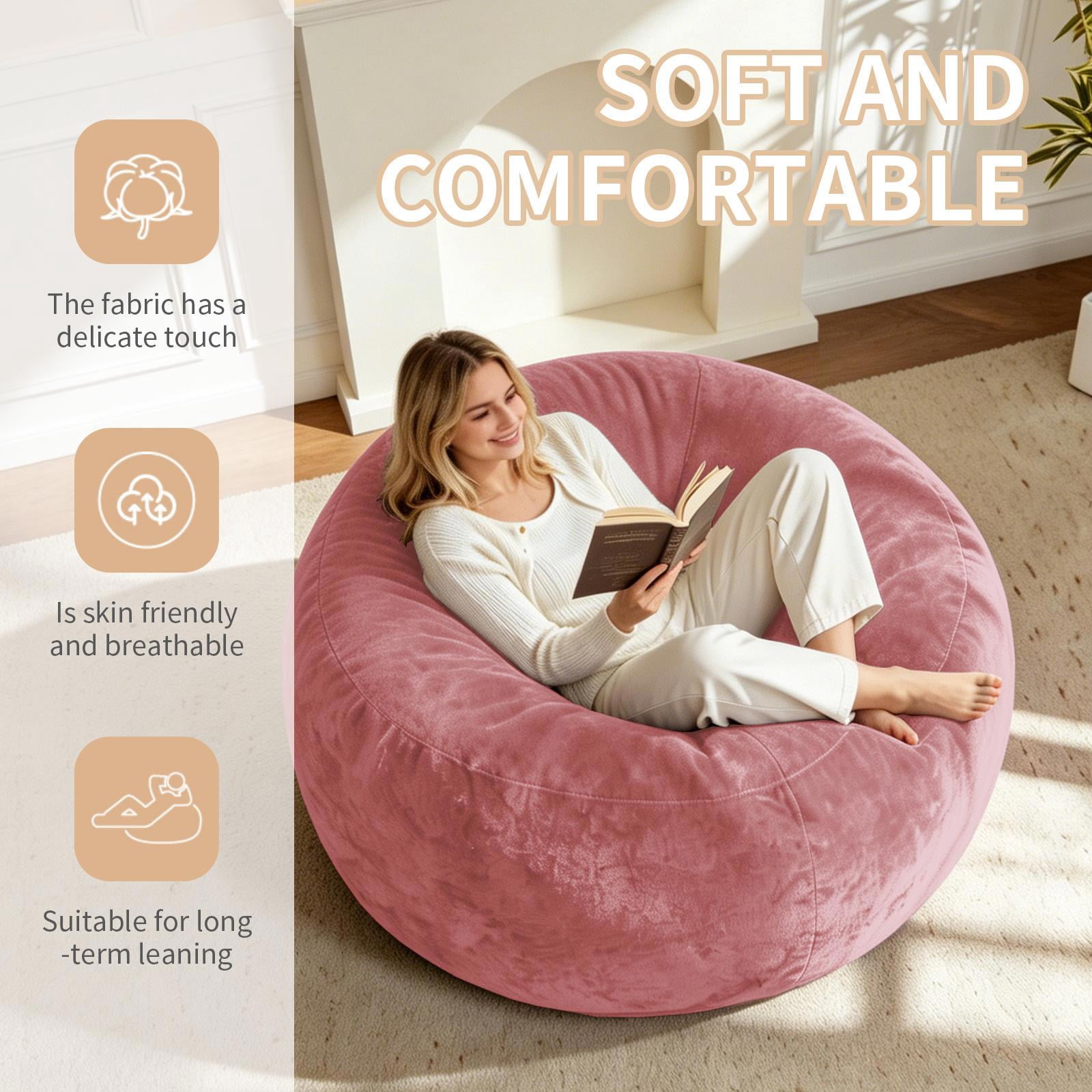 Hommoo 4FT Bean Bag Chair, Memory Foam Filling Soft Sofa with Flannel Cover, Round Sofa for Living Room, Bedroom, College Dorm, Pink