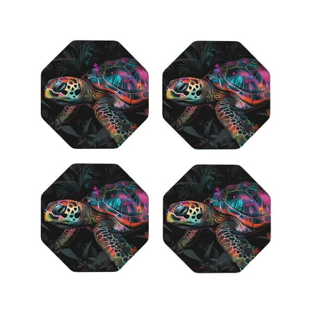 

Junzan Colorful Plant Turtle A Print Coasters for Drinks - Leather Coasters Set of 4 for Coffee Table for Housewarming/Kitchen/Bar/Decor-Octagon