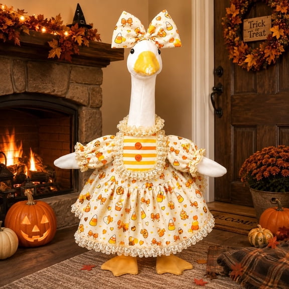 Fall Porch Goose Outfits for 23 Inch Cement Plastic Lawn Goose Statue, Classic Autumn Dress with Bow for Garden Patio Yard Decor, Waterproof and Fade Abric (Yellow)