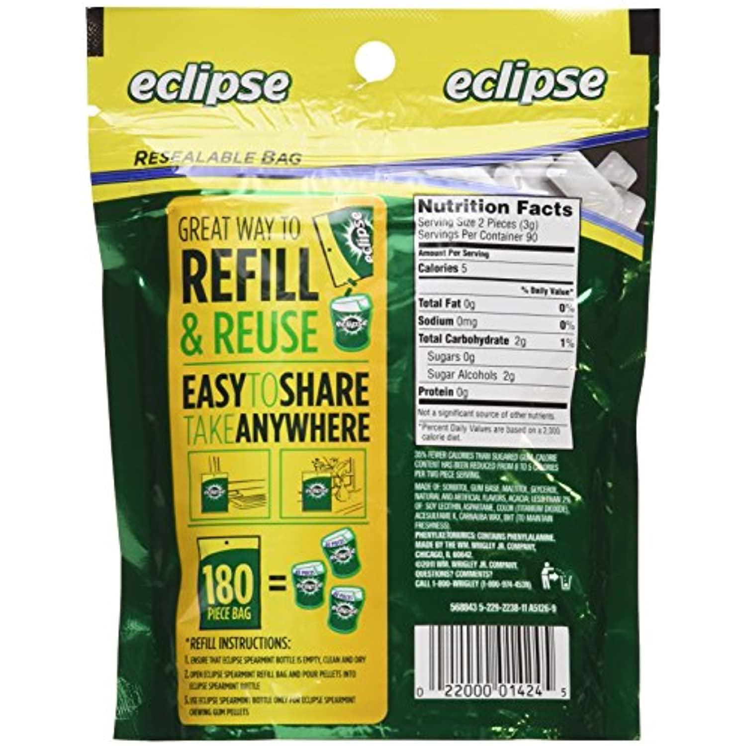 Eclipse Spearmint Sugarfree Gum Refill, 180 Pieces, 8.8 Oz (Pack Of 2)