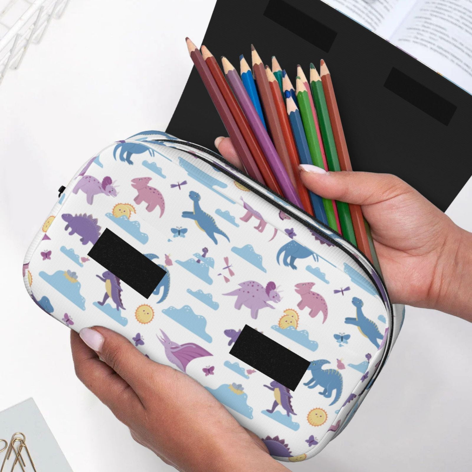 Rateoe Dinosaur Pattern Double Clamshell Pen Case, Storage Organizer with Two Zipper Compartments– Holds Up to 50 Pencils & Pens