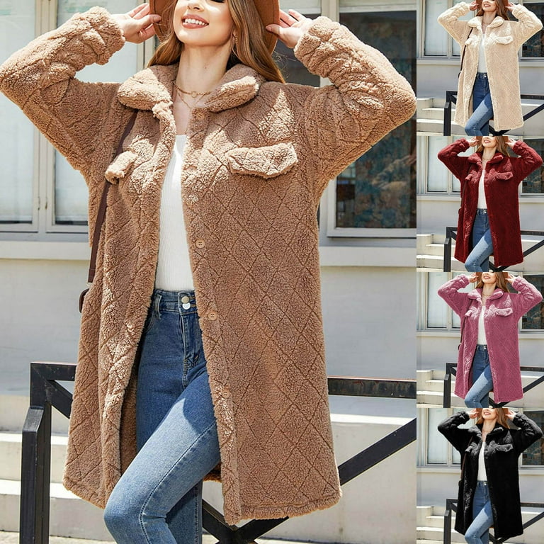 Lovskoo Womens Fuzzy Fleece Jacket Button Down Lapel Fluffy Shacket Winter Coat Long Sleeve Solid Color Faux Shearling Oversized Jacket Hot Pink