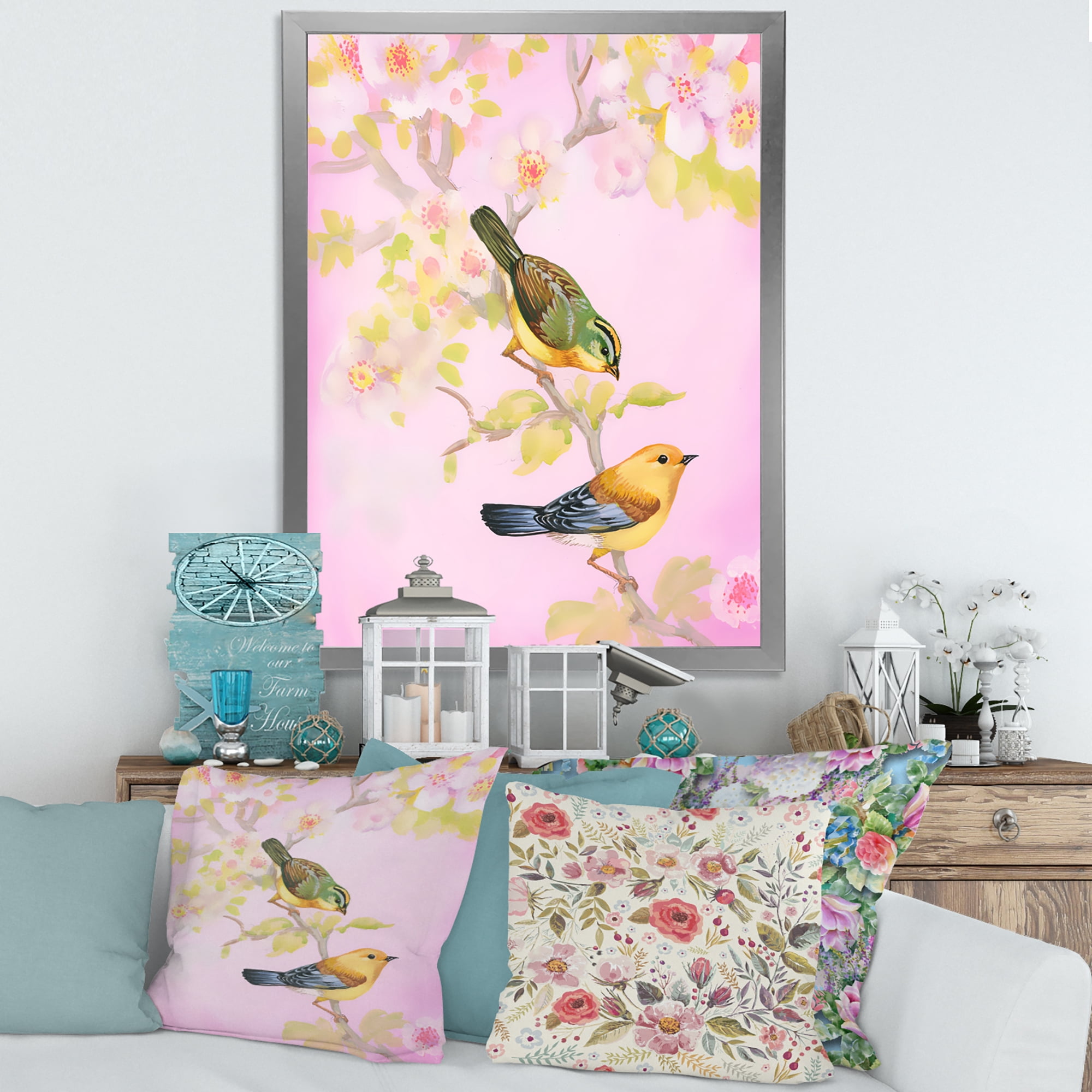 Designart 'Beautiful Bright Birds Sitting On Branch' Traditional Framed Art Print