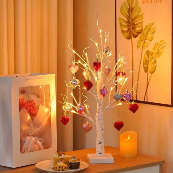 23.6 Inch Valentine's Day Lighted Tree - LED Birch Tree Centerpiece with Heart Ornaments & USB Power, Romantic Table Decor, Home Party Decorations for Wedding, Anniversary, Dinner(XX)