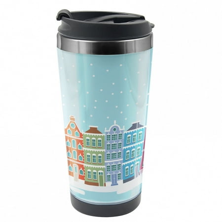

Amsterdam Travel Mug Snowy Town in Holland Steel Thermal Cup 16 oz by Ambesonne
