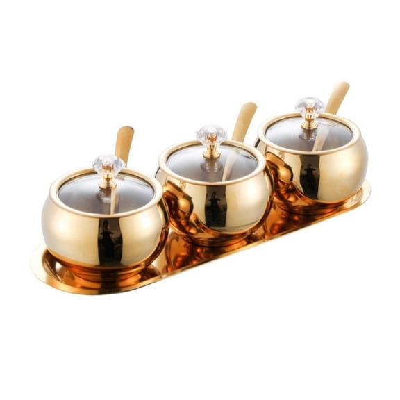 YIEMEEN 304 Stainless Steel 3 Compartments Spices Jar Set with Serving Spoons and Tray