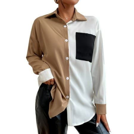 

Women Shirt Single Row Button Color Stitching Long Sleeves One Sided Pocket Loose Hem Casual Shirt for Daily Khaki S Quickwittc
