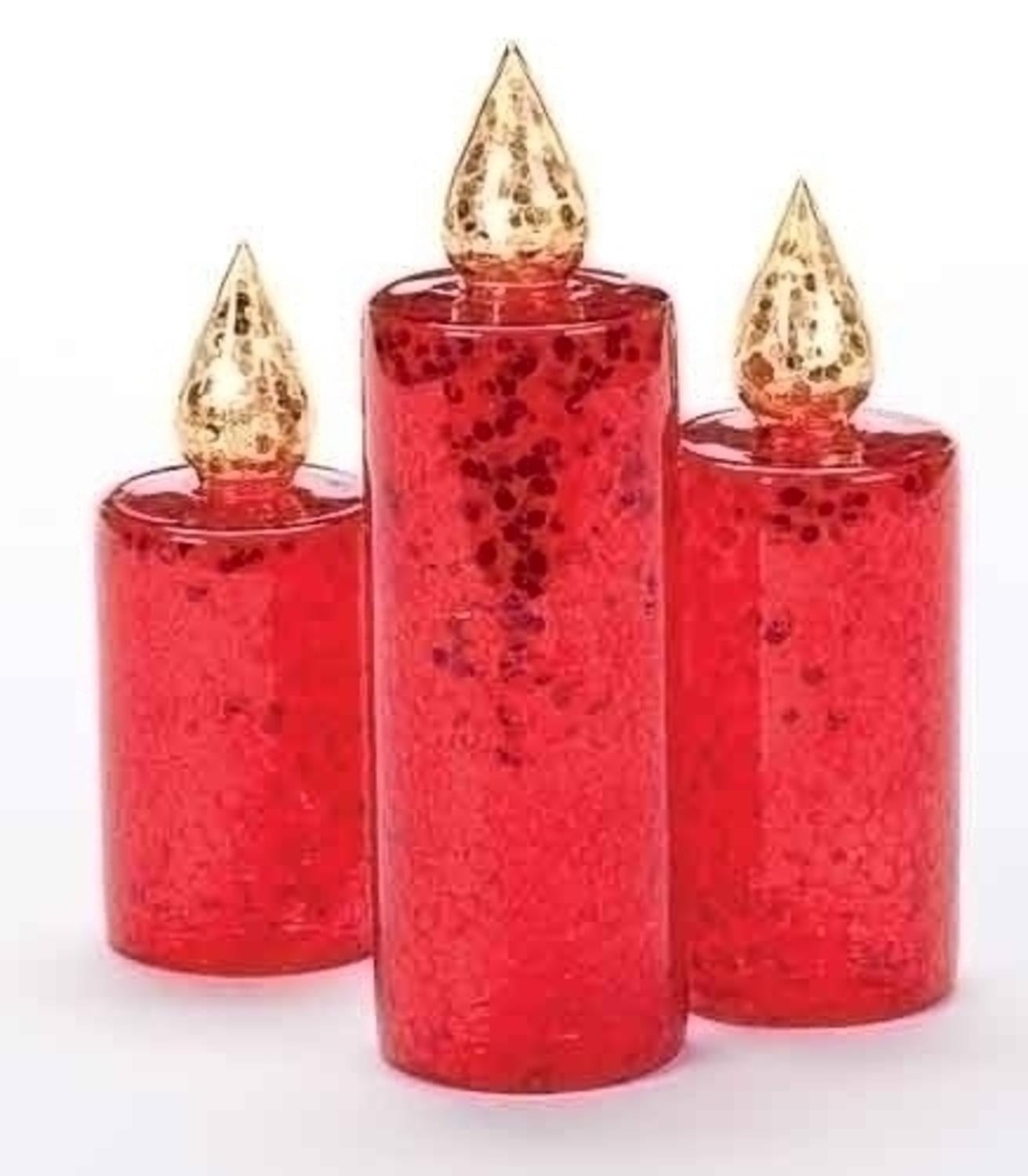 Set of 3 Red Glitter Sequined Glass Christmas Pillar Candle Figures