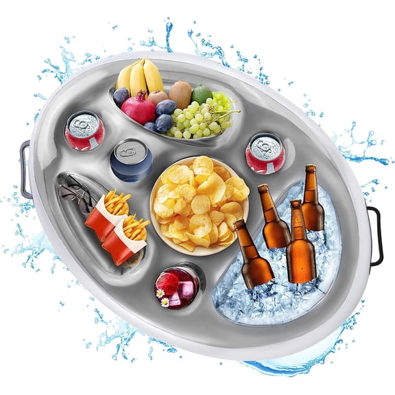 Floating Drink Holder for Pool, Inflatable Refreshment Table Tray Beach Party Float Lounge Outdoor Cup Holder Portable Serving Bar with 8 Holes - Silver
