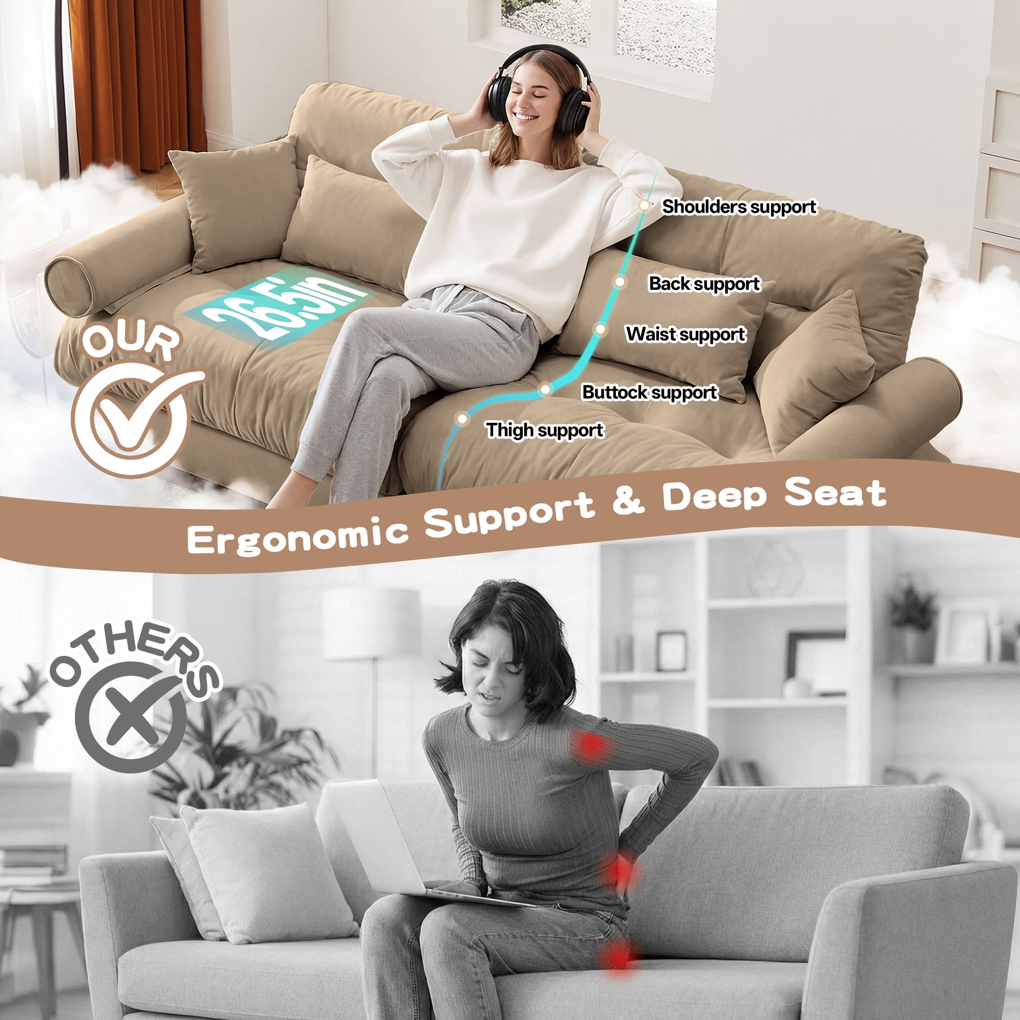 Alvantor L-Shaped Sectional Sofa 3-Seater Velvet Sofa Couch with Bolstered Armrests for Living Room, Easy Assembly Camel