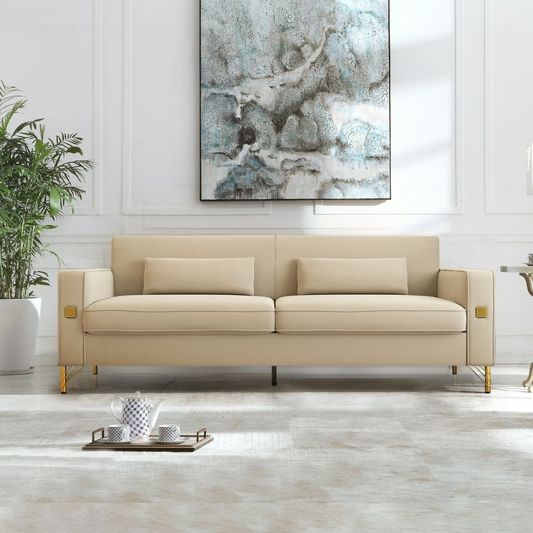 Beige Modern Fabric 3 Seater Sofa Couch Metal Leg Office Living