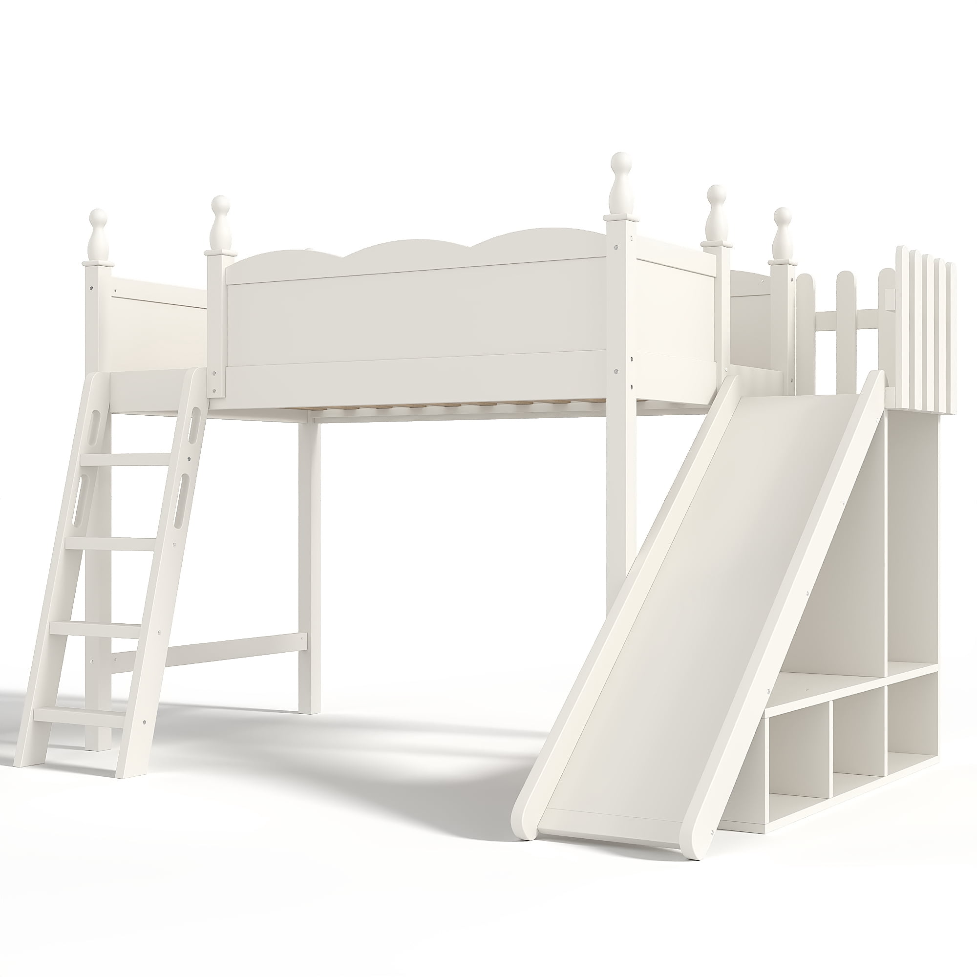 Leumius Twin Loft Bed Frame with Storage Shelves and Wardrobe, Solid Wood Loft Bed with Detachable Slide and Ladders for Kids Teens Adults Beige
