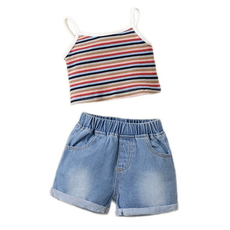 

OLLUISNEO Infant Baby Girls Summer Shorts Outfits Crew Neckline Sleeveless Stripe Top Elastic Shorts 2 PCS Set 6-9 Months
