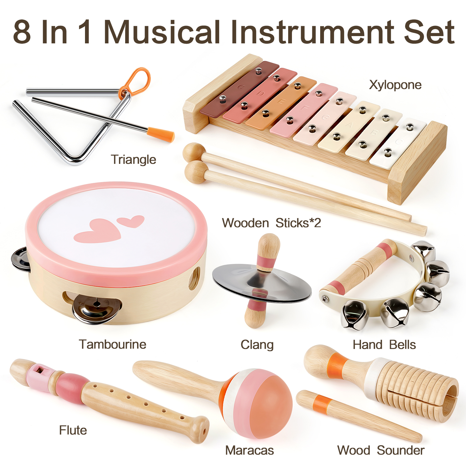 Vanplay Wooden Musical Instrument Set for Toddlers, 8-Piece with Xylophone and Drums