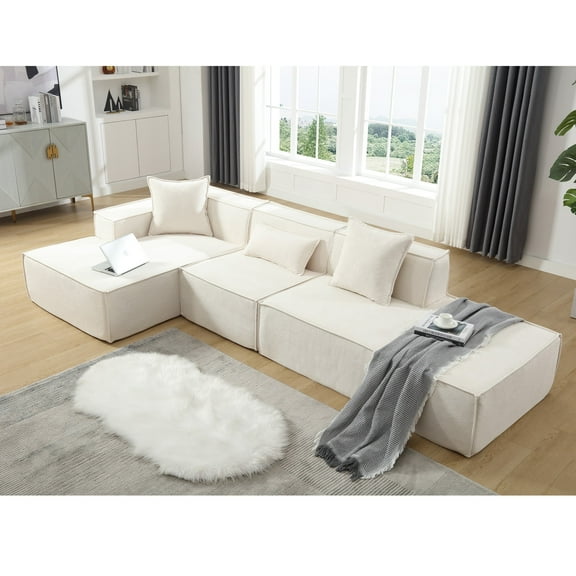 Newboti Modular combination living room sofa set, modern minimalist sofa, free installation sofa, L-shaped, Italian minimalist tofu block sofa, Left-Hand Facing,Terrycloth fabric, Beige 03336