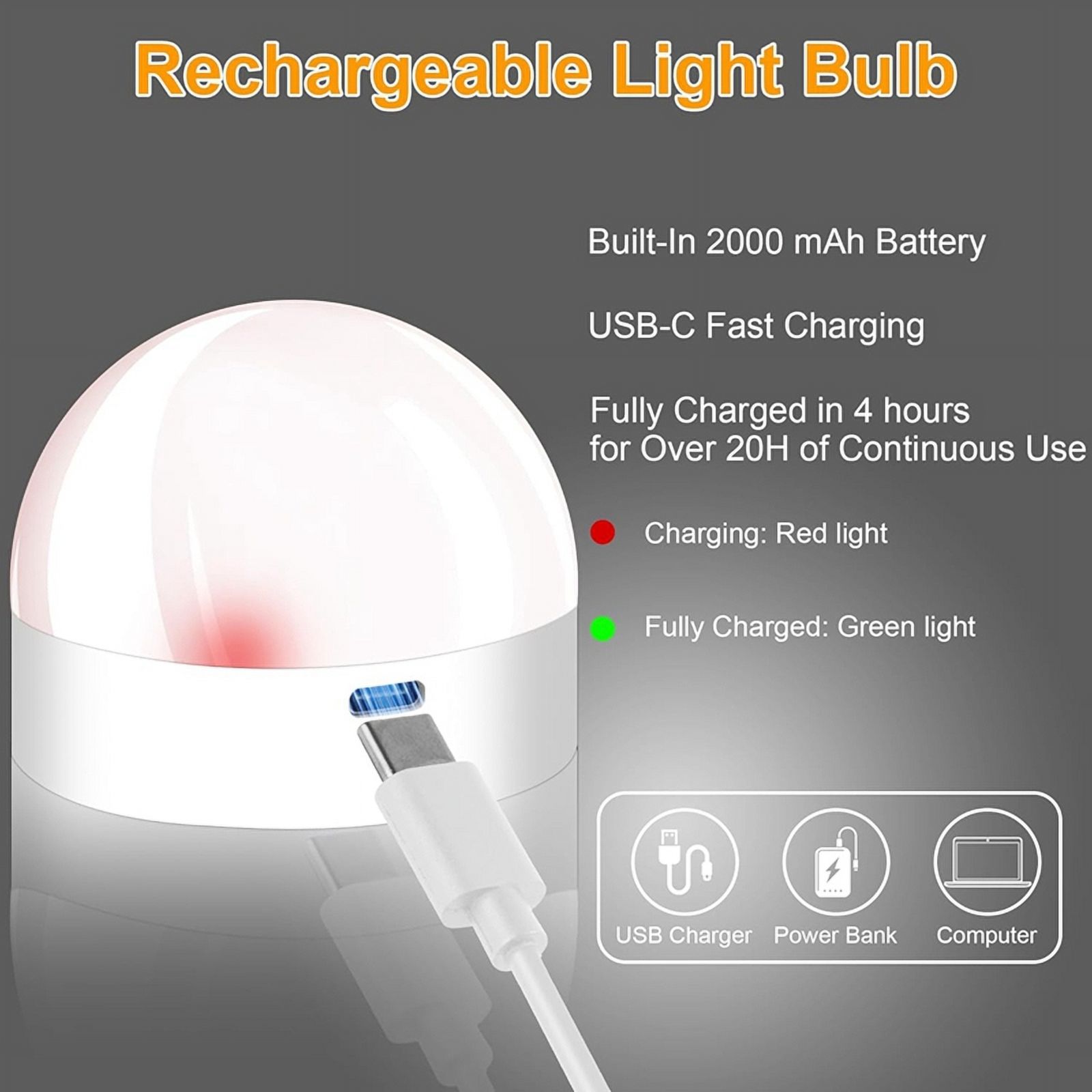 2X Rechargeable Battery Operated Light Bulbs, 300LM E26 Screw in Light Bulb for Lamps with Remote Control Dimmable&