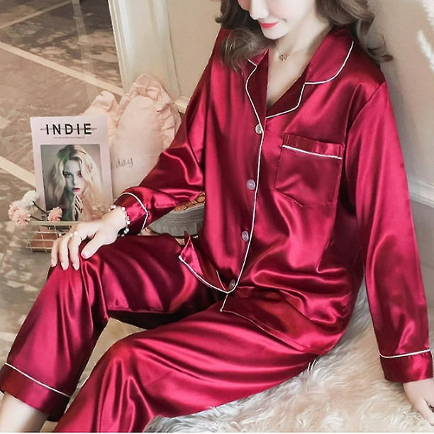 Conjunto de pijama de manga larga con aspecto de seda satinada para mujer