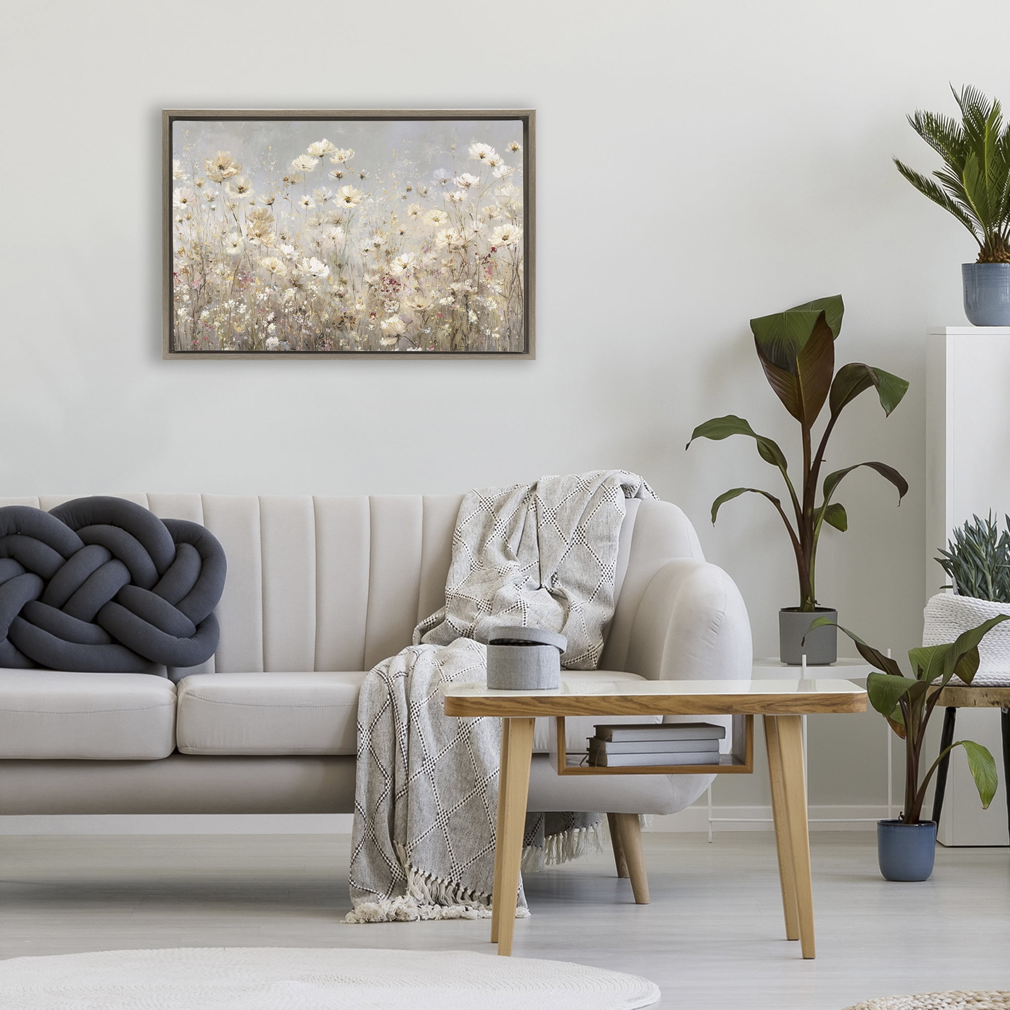 Stupell Industries White Daisy Clusters Meadow Brown Framed Floater Canvas Wall Art, design by Jacky Ngan