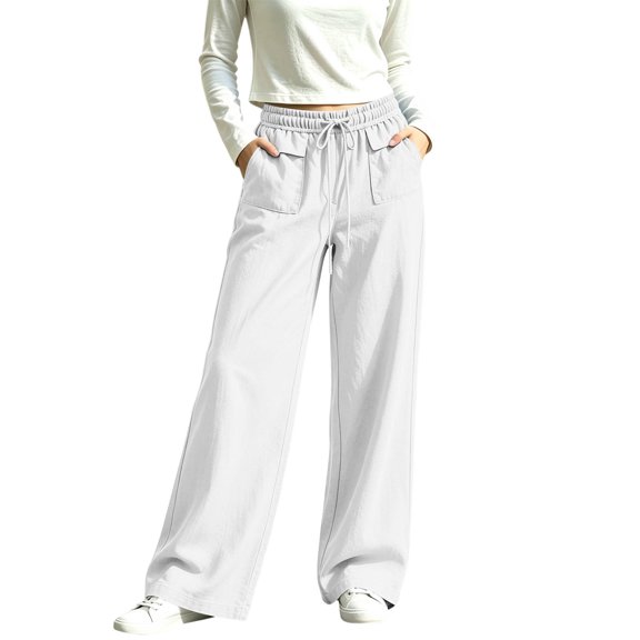 XuJwPNcy Pants for Women Casual Wide Leg Cotton Linen Pants with Pockets Solid Color Beach Travel Drawstring Trousers(White,X-Large)