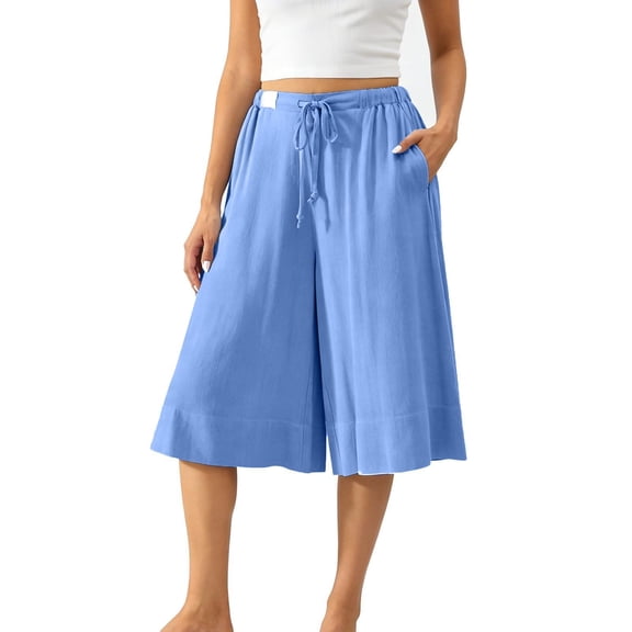 Annhoo Linen Capris for Women Culottes Drawstring Waist Wide Leg Summer Beach Pants Dressy Breathable Clothes