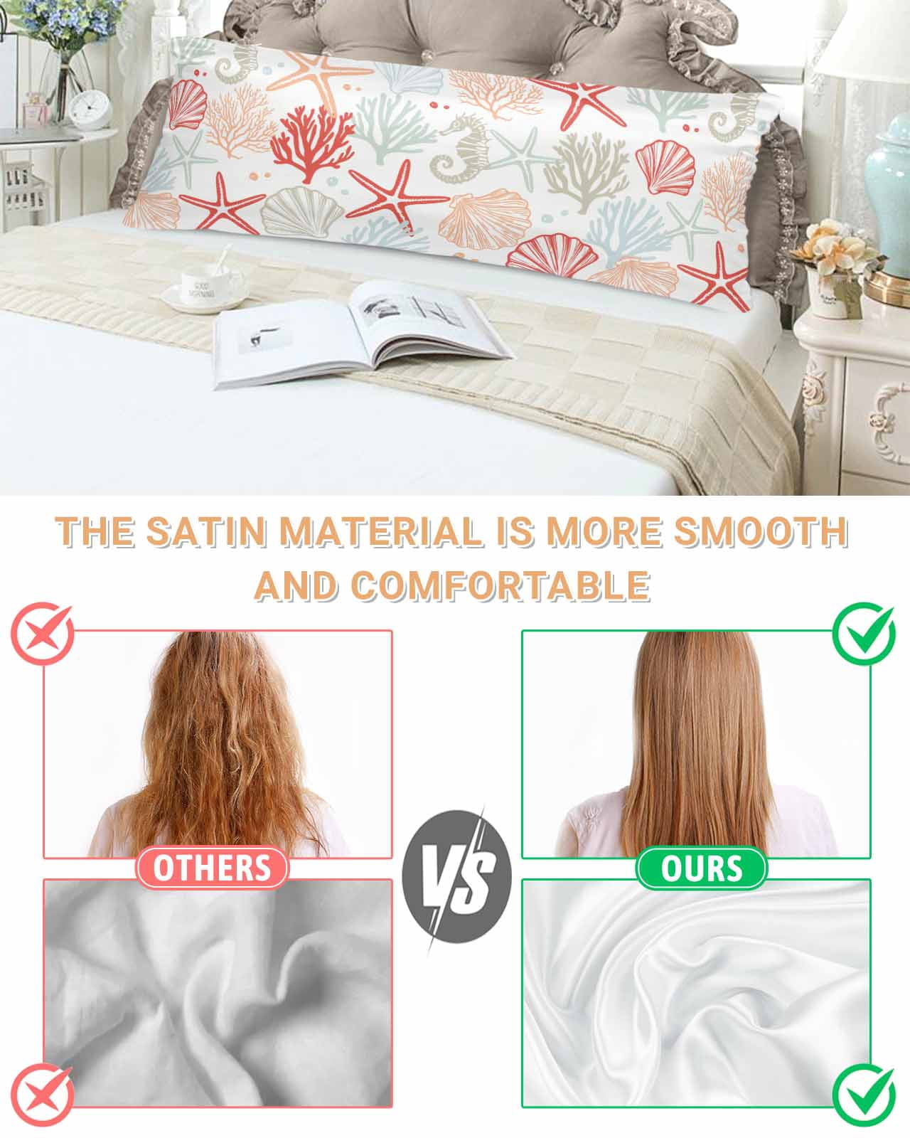 Ocean Orange Red Pillow Cases Body Size, Smooth Satin Pillowcase for Hair and Skin, Coastal Starfish Coral Shell Marine Decorative Cooling Bed Pillow Covers with Zipper, 20x54 Inches