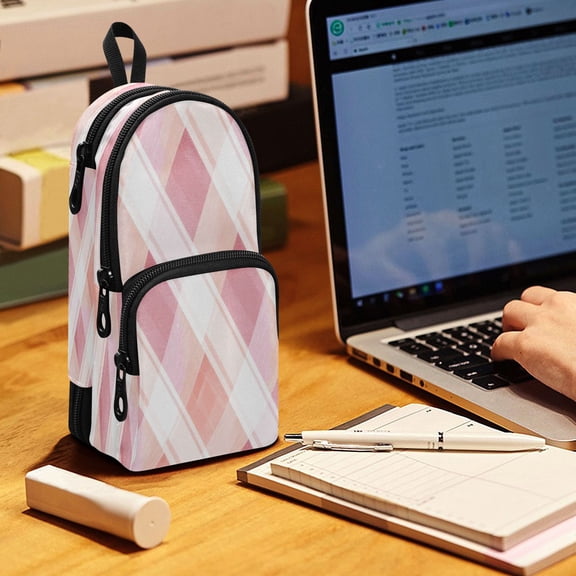 Backpack Pencil Case, 3 Compartment Large Capacity Oxford Fabric Pencil Pouch / Watercolor Gingham Breeze