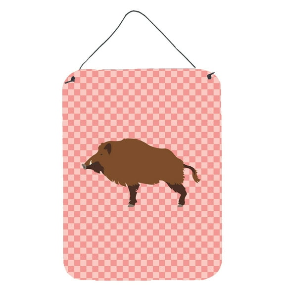 Caroline's Treasures BB7936DS1216 Wild Boar Pig Pink Check Wall or Door Hanging Prints, 12x16, multicolor