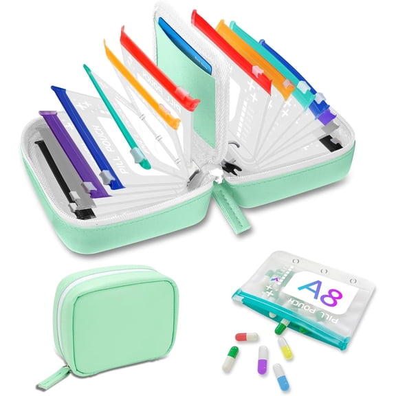 Waterproof Pill Pouch Set-14pcs Bags Inside,A8 Waterproof Pill Organizer Set,7 to 14 Days of Meds & Medicine Crush-Resistant Shell (Green)