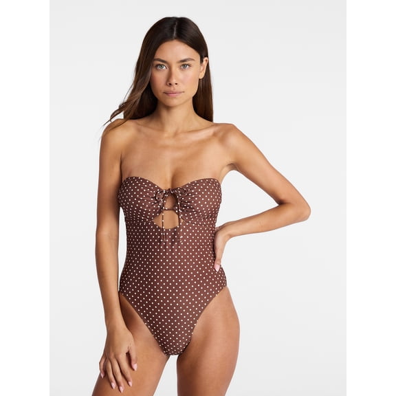 No Boundaries Polka Dot Tie Front Bandeau One Piece Swimsuit, Women's XXS-XXL