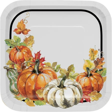WAY TO CELEBRATE! Traditional Thanksgiving Paper Dinner Square Plates 7 in, 10 Count