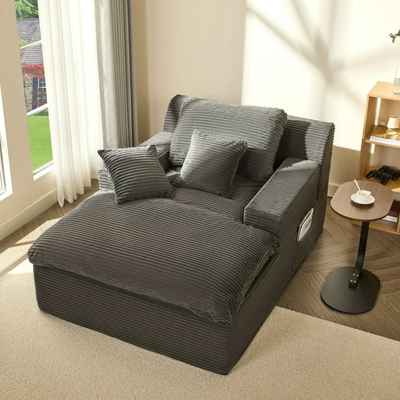BIGSYY Chaise Longue, Canapé-Lit de Sol, Design Moderne Sans Assemblage pour Adultes, Siège en Mousse Confortable pour Salon et Chambre, Velours Côtelé, Gris