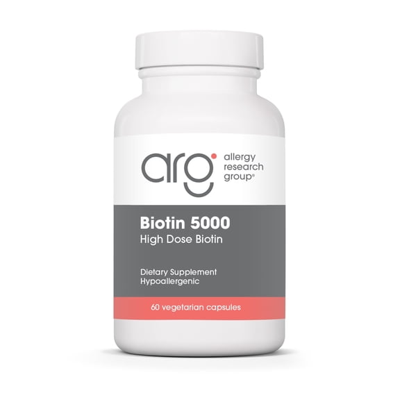 ARG Biotin 5000 - Delivers 5000 mcg Biotin - Vitamin B - Metabolism & Energy Production Support - Hair, Skin & Nail Supplement - Gluten-Free - 60 Servings - 60 Vegetarian Capsules