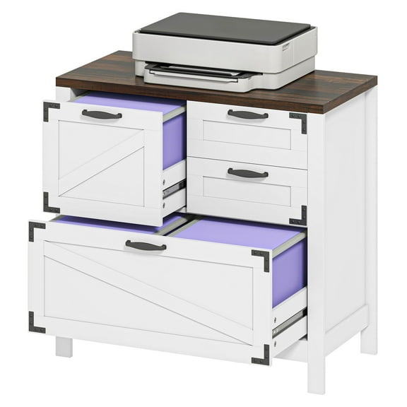 Lateral Filing Cabinet, 4 Drawer White File Cabinet for Home Office, Legal/Letter/A4 Size, Farmhouse Style with Metal Accents