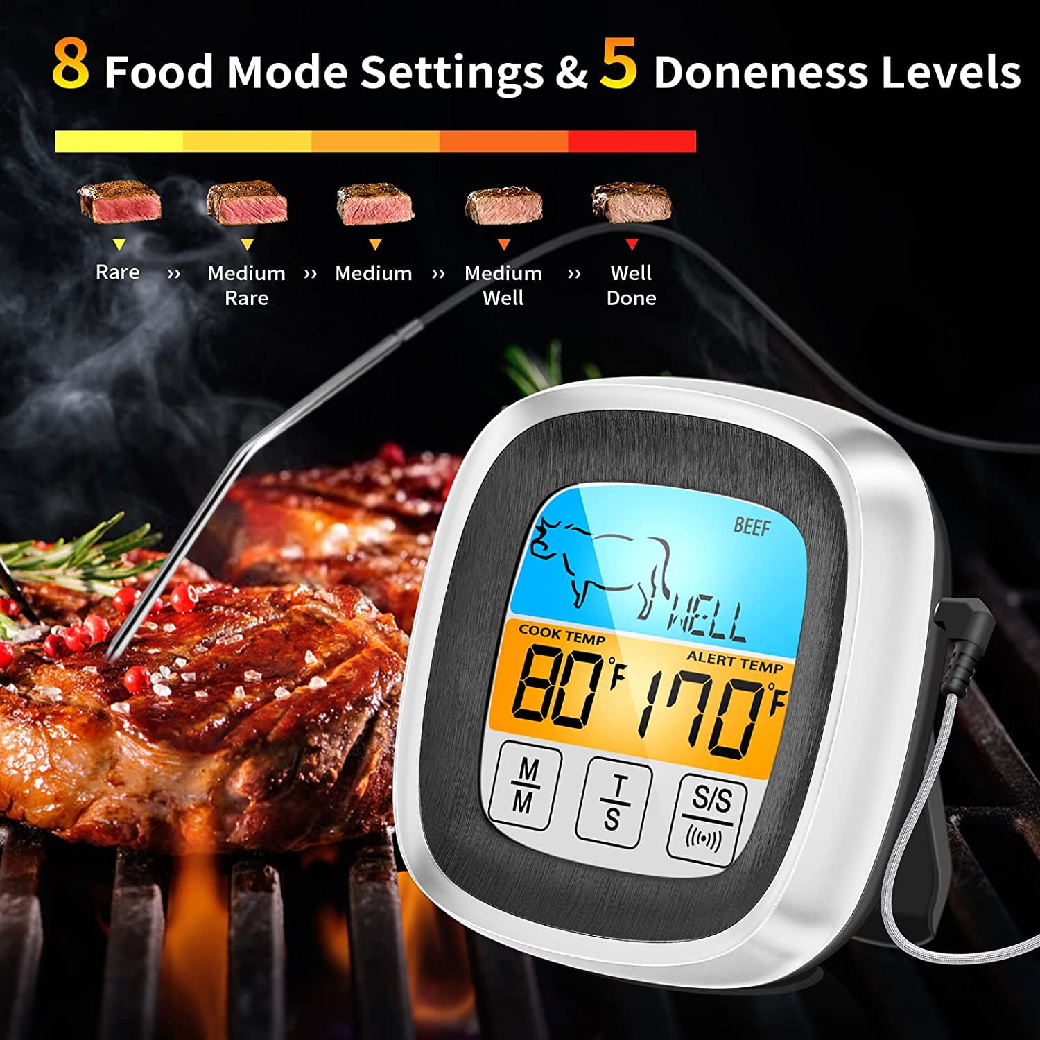 Sarkoyar Food Thermometer LCD Large Screen Digital Display Food Grade Stainless Steel Probe Fast Gauge Hand Tool BBQ Meat Cake Food Temperature