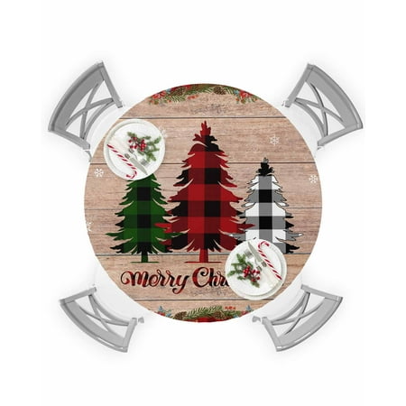 

Round Tablecloth with Elastic Buffalo Check Plaid Merry Christmas Trees on Retro Wooden Board Waterproof Table Cover Wipeable Fitted Table Cloths for 36 -44 Round Tables Dining Kitchen