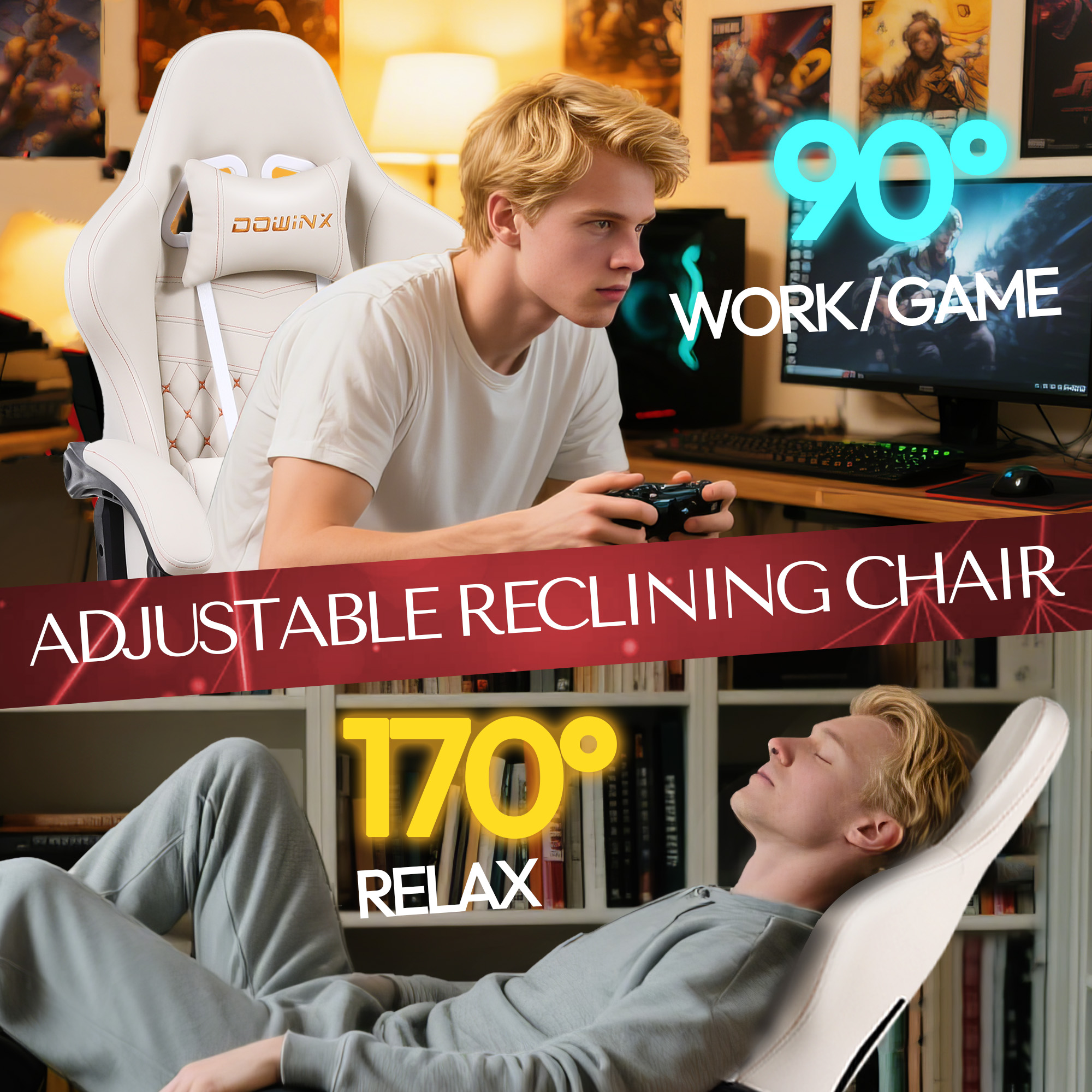 GOOSEA Big and Tall Gaming Chair with Footrest, Ergonomic High Back Office Computer Chair, Adjustable Massage Lumbar Support, PU Leather for Adults, 350Lbs, Beige