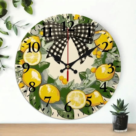 PRATYUS 10 Inch Round Wooden Wall Clock, Lemons Leaves Print, Battery Operated, Wall Hanging Decor for Living Rooms, Kitchens, Dorms 10x10in