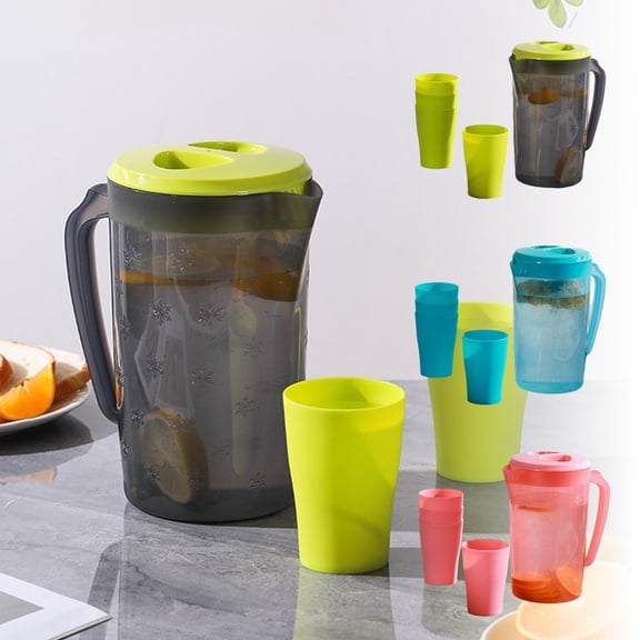 Cold Water Kettle | Plastic Pitcher Set | Commercial Household Beverage Dispenser, Modern Handle & Lid, Large 2200mL Capacity, Multicolor | 5-Piece