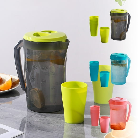 Fiudx Hervidor de Agua Fría, Diseño de Plástico Resistente a Altas Temperaturas, Capacidad de 2200 Ml, Incluye 4 Tazas a Juego, Ideal para Bebidas Frías o Calientes, Comidas Familiares, Picnics y Fie