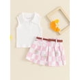 thumbnail image 3 of Musuos KId Girls Summer 2 Piece Skirt Outfits 6Months - 4Years White Sleeveless Lapel Tank Tops Floral Checkerboard Print Skirt with Belt Set, 3 of 10