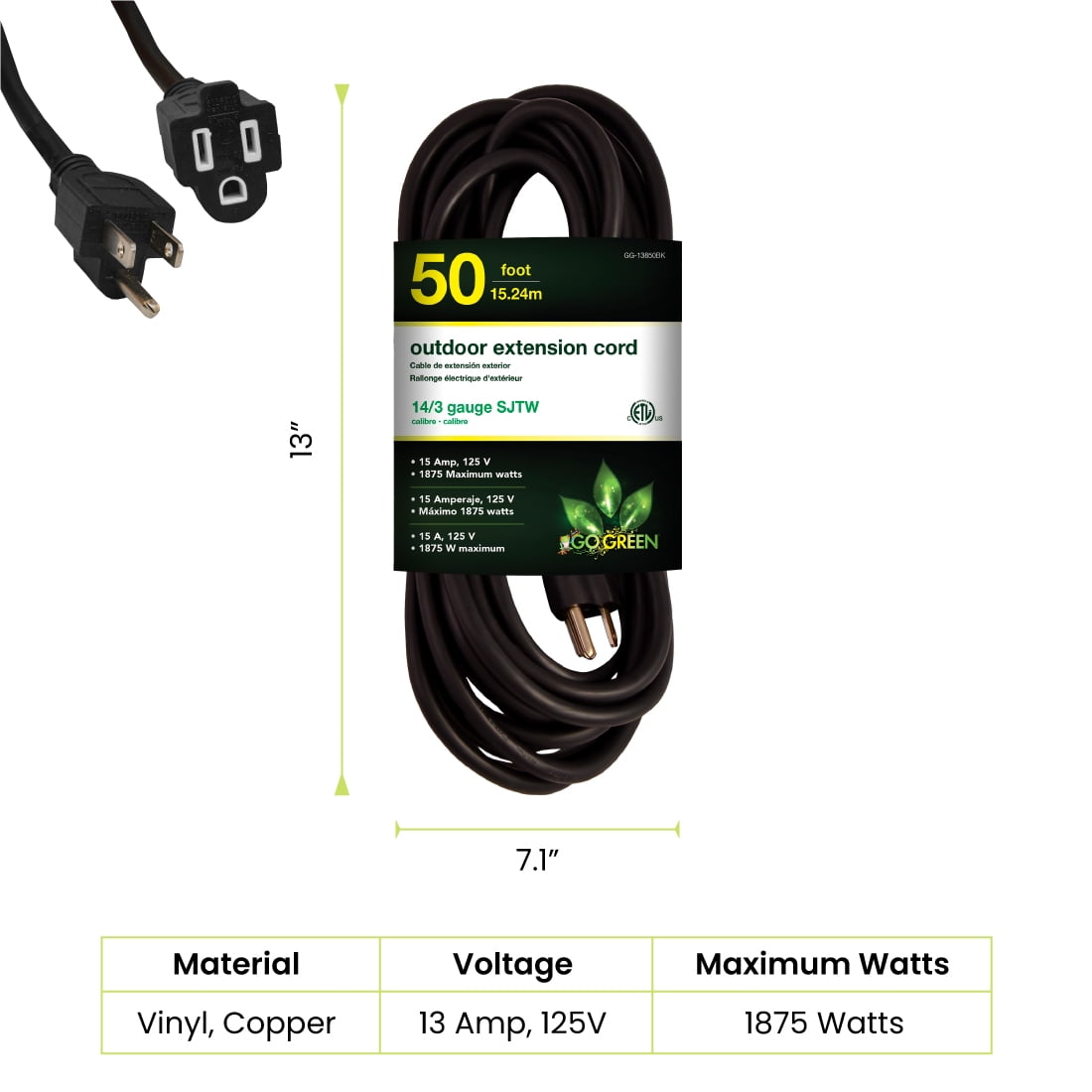 GoGreen Power 14/3 50' 13850BK Heavy-Duty Extension Cord, Black