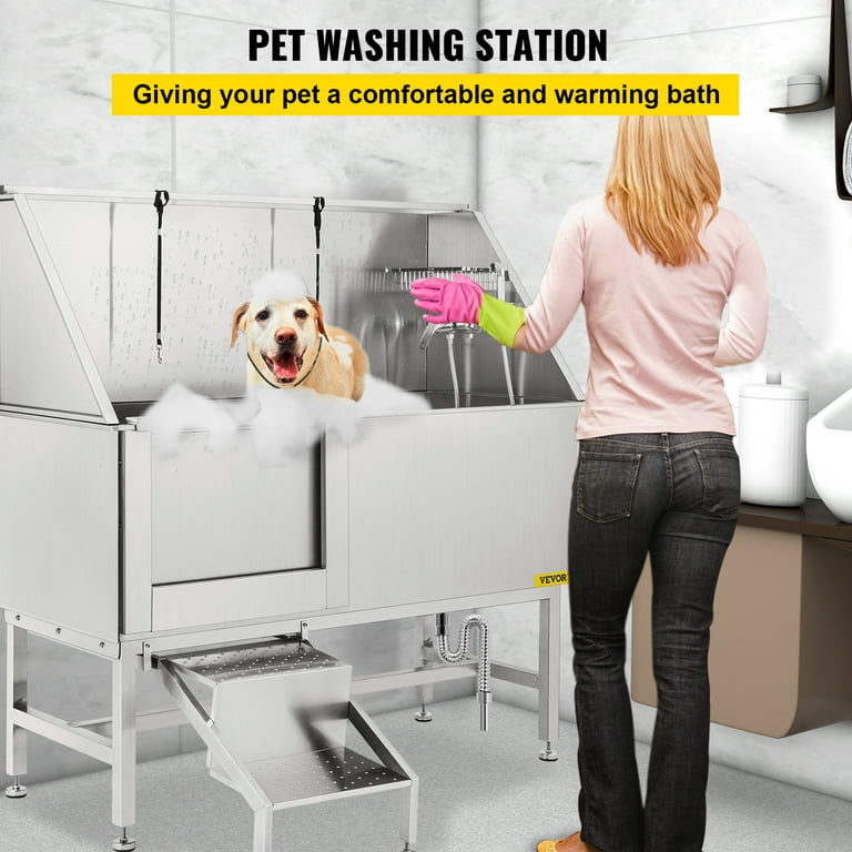 62 inch Professional Dog Grooming Tub Stainless Steel Pet Bathing Tub Large  Dog Wash Tub with Faucet Walk-in Ramp Accessories Dog Washing Station Pet