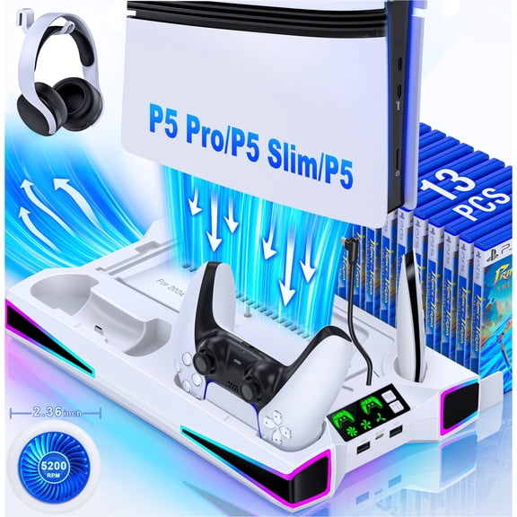 EUROA PS5 Stand Cooling Station for PS5 Pro/Slim/Disc/Digital Edition Console with PS5 Controller Charging Station, 3-Stage Cooling Fan, 13 Game Slots