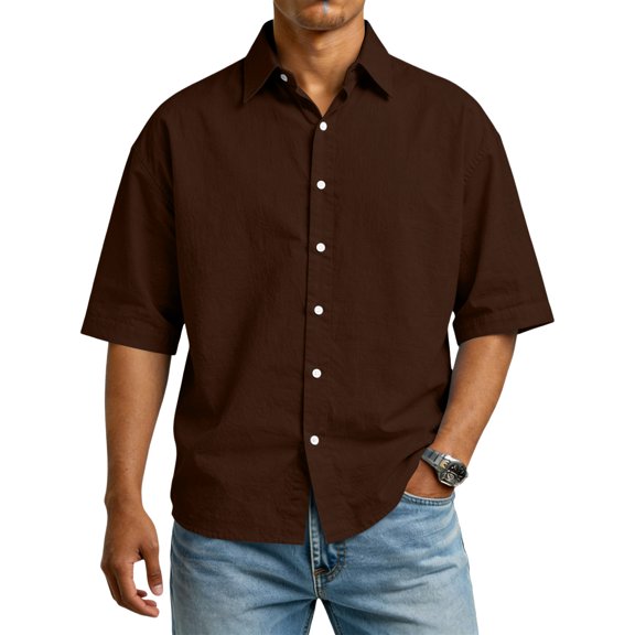 Garbnen Men's Button Down Shirt Collared Short Sleeve Shirt Men Big and Tall Going Out Vacation Summer Mens Work Shirt Brown XXXL