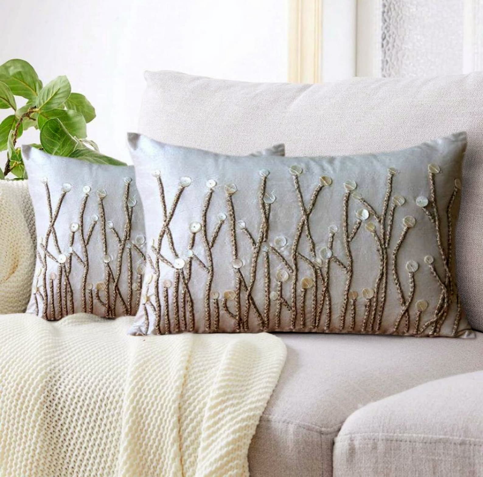 Ivory Lumbar Pillow Cover, 12x26 inch (30x65 cm) Lumbar Pillow Cover, Jute and Mother Of Pearls Farm Design Lumbar Pillow Cover, Silk Lumbar Pillow Cover, Floral - Amour