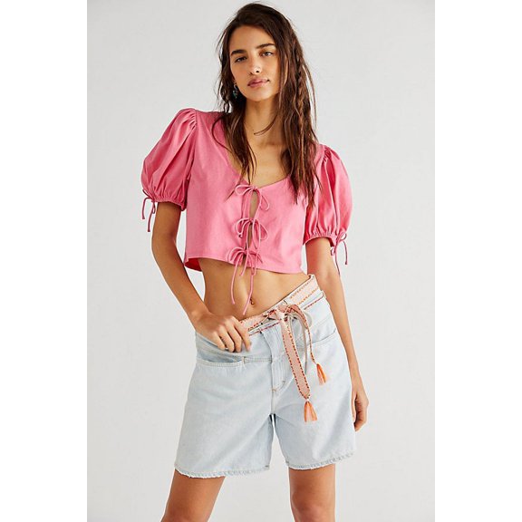 Free People Womens Shirt Lace Up Front Crop Top Short Sleeve Summer Pink Xs M