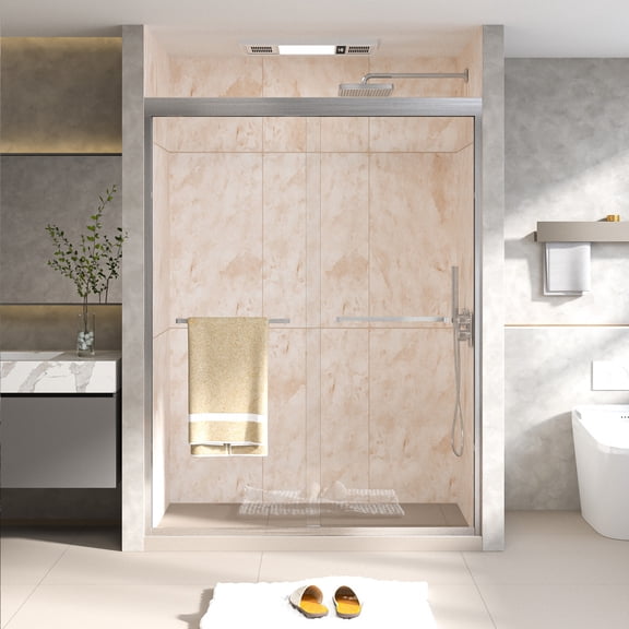 50-54"W x 70"H Semi-Frameless Double Sliding Shower Door, 1/4"(6mm) Glass, Brushed Nickel