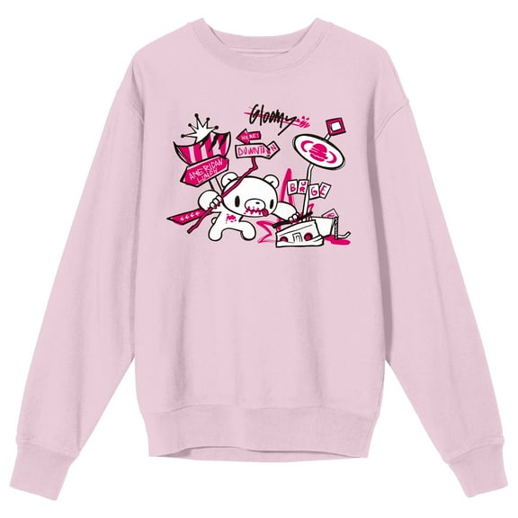 Gloomy Bear Retro American Burger shops streets smash by gloomy bear on cradle Pink Long Sleeve Adult Crew neck-Medium