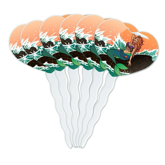 Sexy Mermaid On Rock Heart Love Cupcake Picks Toppers Decoration Set of 6